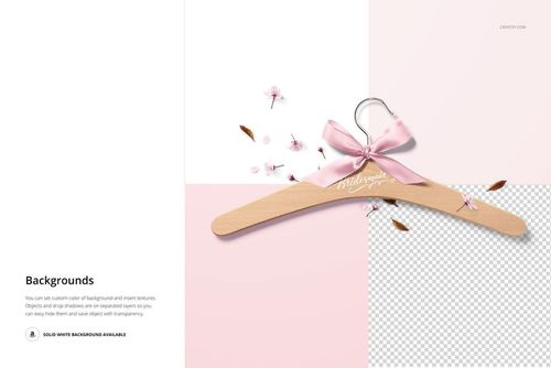 Mockup of a wooden hanger with a pink ribbon and floral accents, shown on a white and light pink textured surface.
