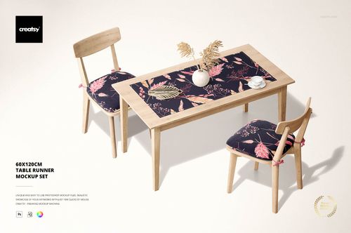 Table runner mockup featuring a botanical design in pink and coral tones, styled on a light wood table with coordinated seat cushions.