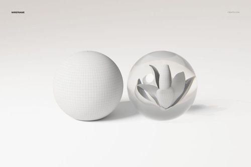 Front view of two spherical 3D models on a light background, one with a preserved flower inside a transparent crystal ball.