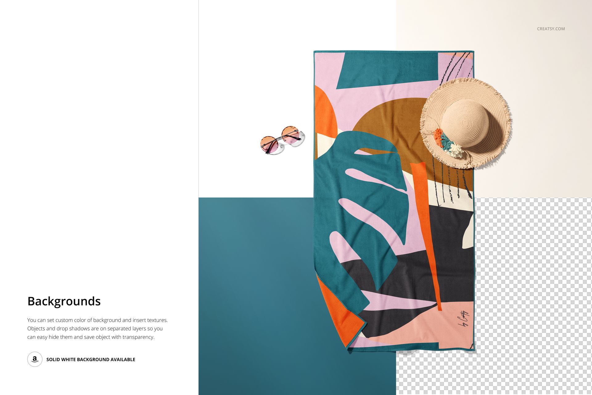 Beach towel mockup featuring a vibrant geometric design, shown from above with a straw hat and sunglasses on a two-tone surface.