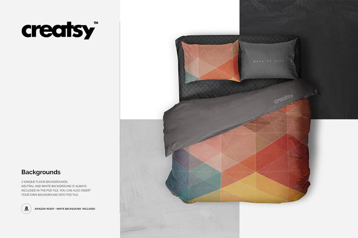 Double bed bedding mockup with geometric patterned duvet and matching pillows, viewed from above on a split gray and white background.