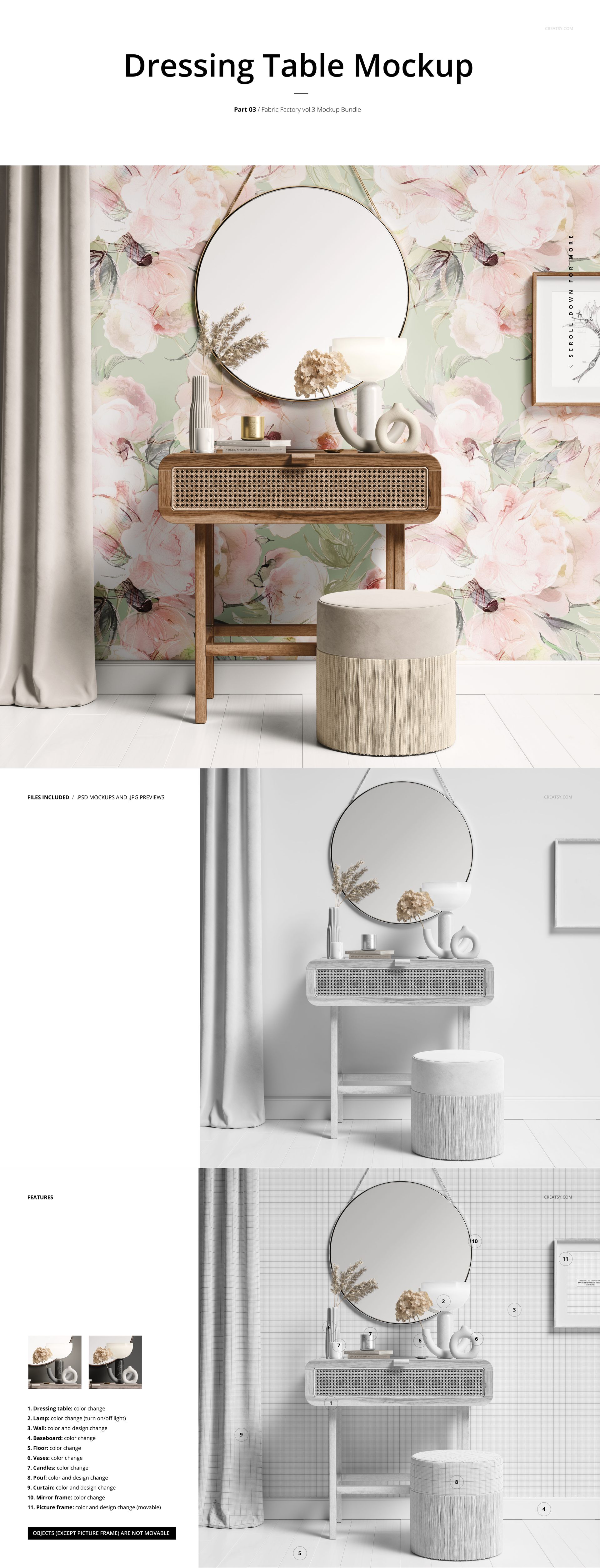 PSD mockup showing a dressing table, circular mirror, floral wall pattern, and soft lighting in a living space.