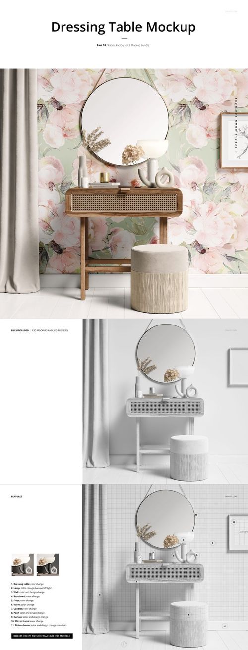 PSD mockup showing a dressing table, circular mirror, floral wall pattern, and soft lighting in a living space.