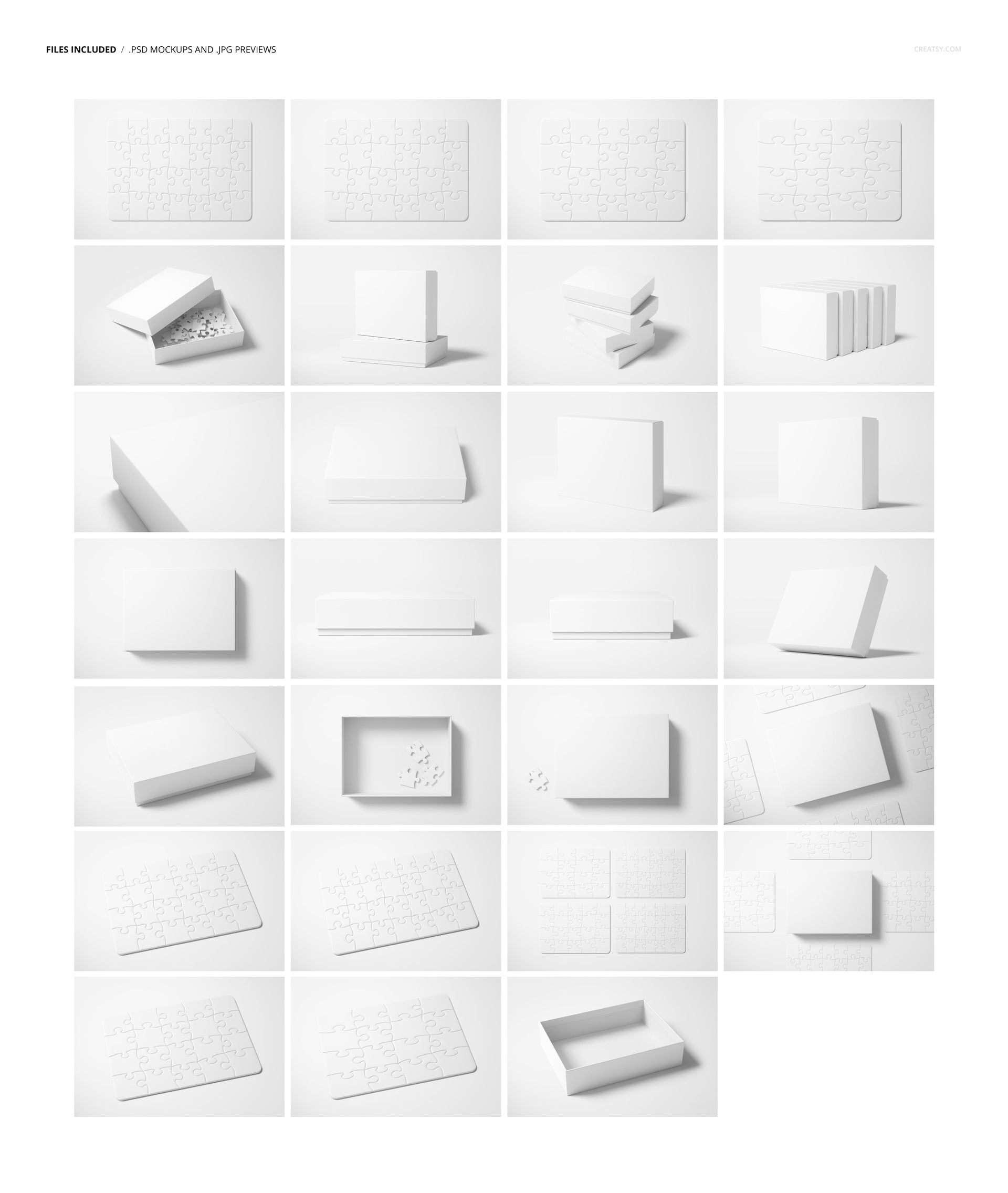 Puzzle game box PSD mockup set featuring empty boxes, scattered puzzle pieces, and assembled puzzles in a minimalist layout.
