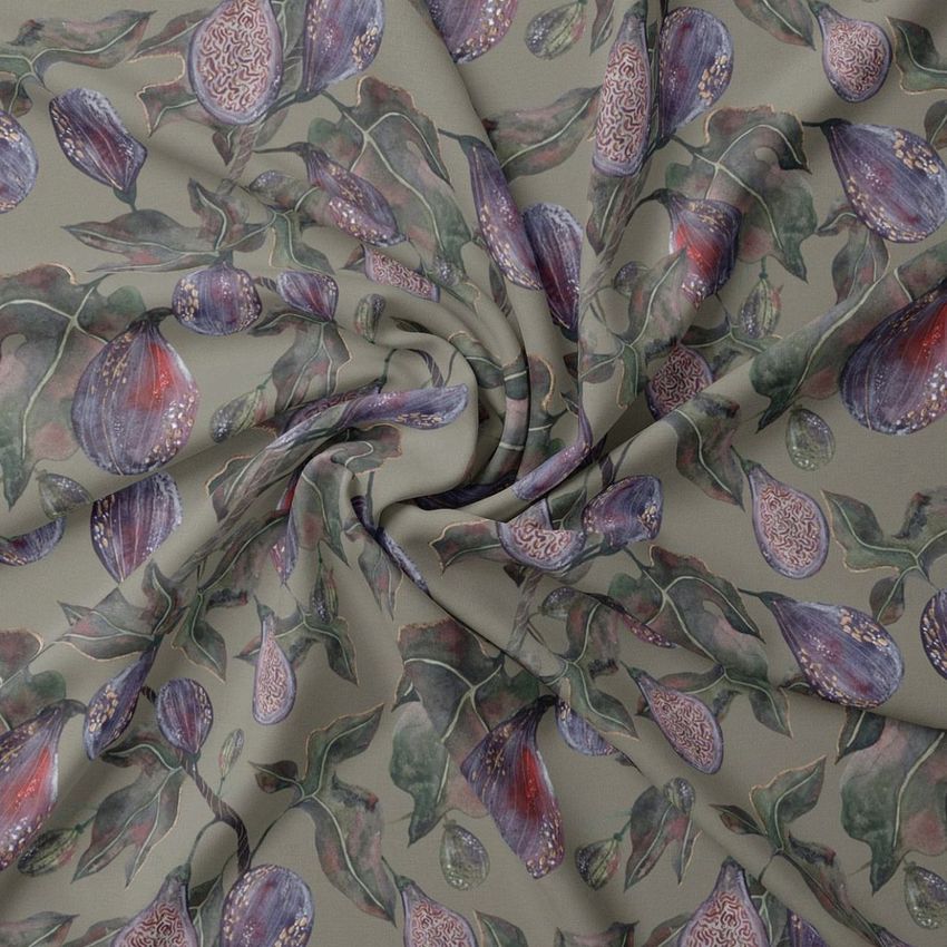 Twill silk scarf mockup featuring a fig pattern with purple and green tones, displayed flat with a central swirl fold.
