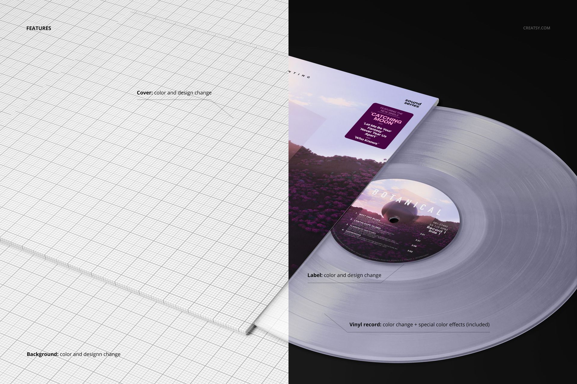 Translucent vinyl record mockup shown at an angle, featuring a color-change effect and album cover with scenic artwork.