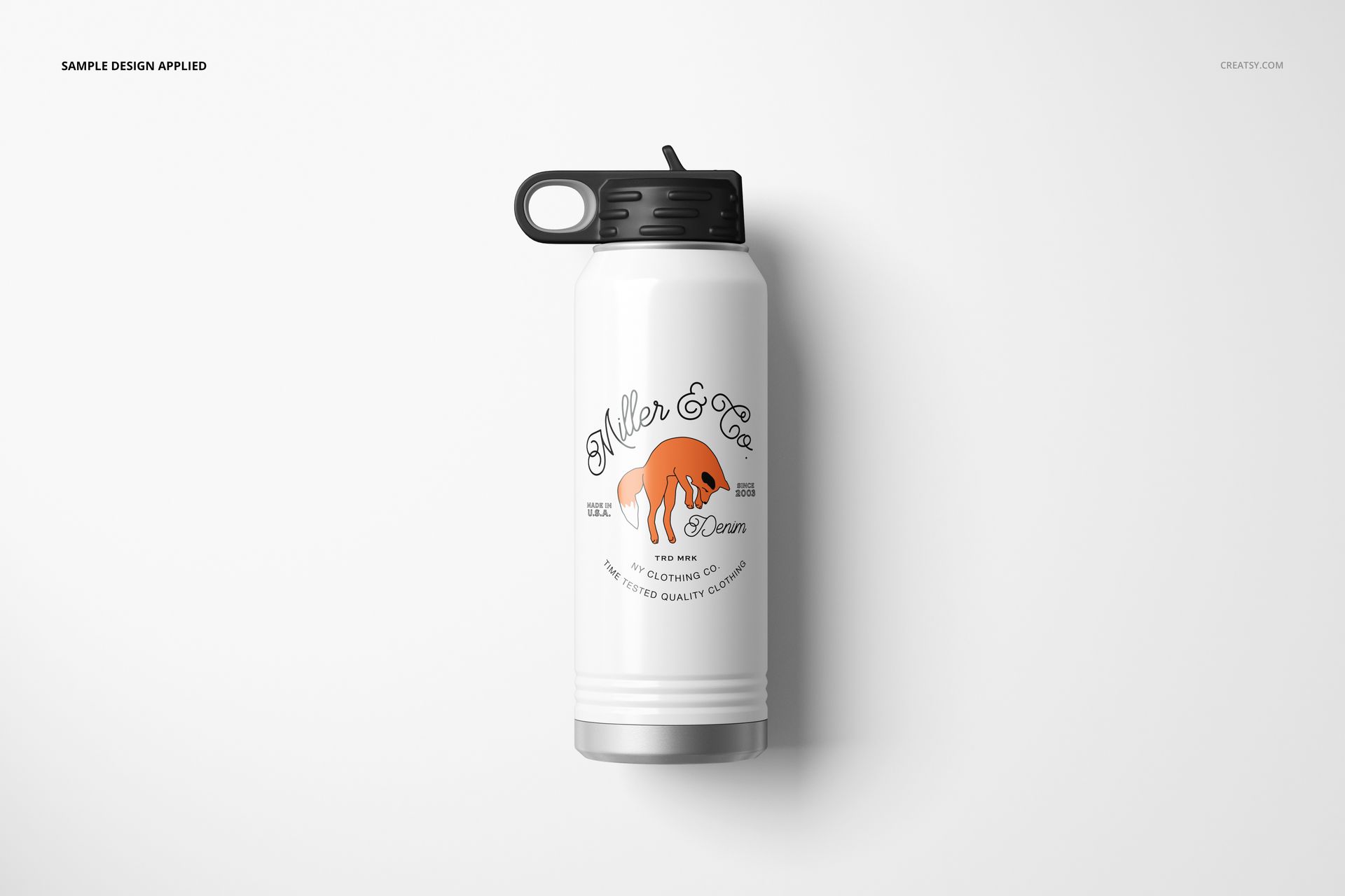 Front-facing white water bottle mockup with a silver base and black lid, displaying a vibrant illustration on the surface.