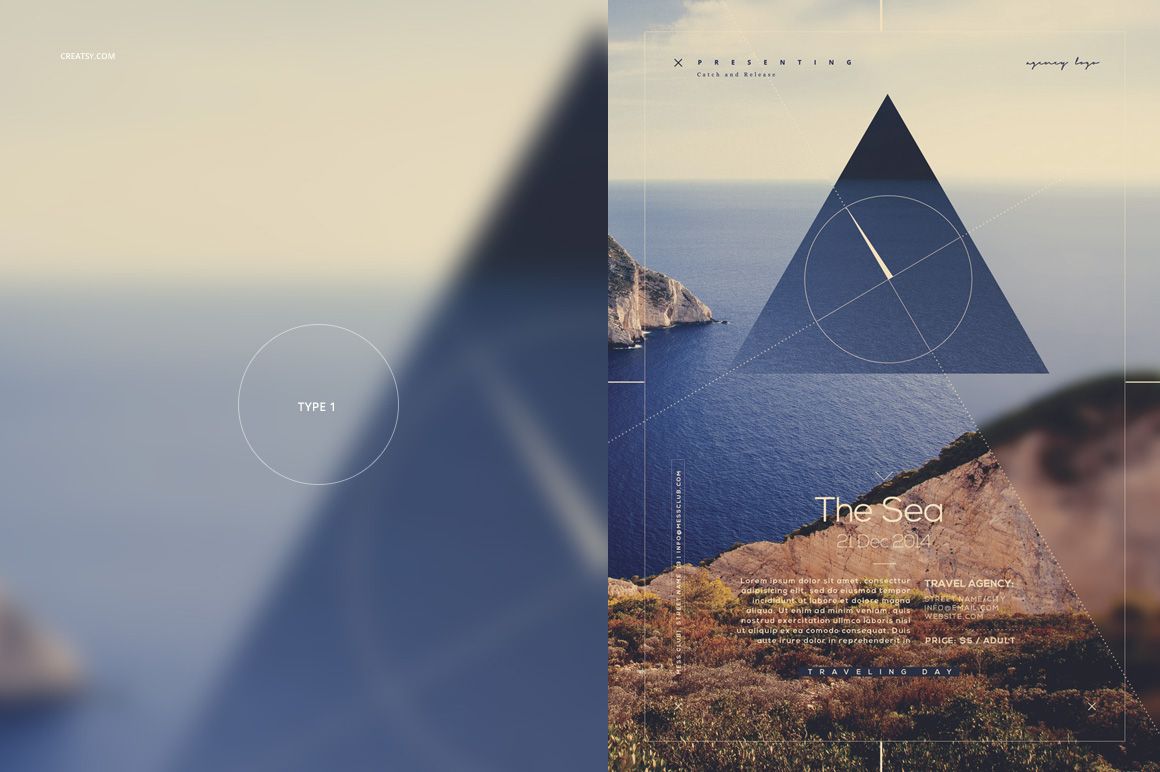 Two poster mockups side by side, one with blurred coastal scenery and the other with a triangle overlay and ocean cliffs.