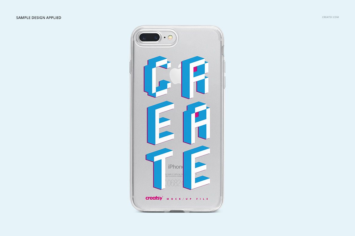 PSD mockup of an iPhone 7 Plus clear case displaying a graphic text pattern, set against a pale blue backdrop.