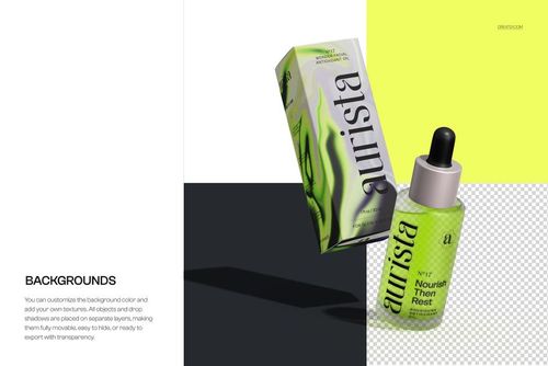 Front view of a green and black packaging box and dropper bottle mockup, both suspended above a checkerboard background.