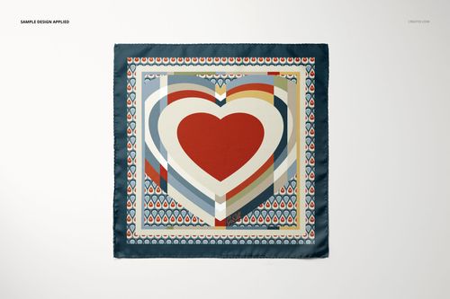 Rectangular pocket square mockup featuring a bold geometric heart pattern in red, beige, and blue tones, front view.
