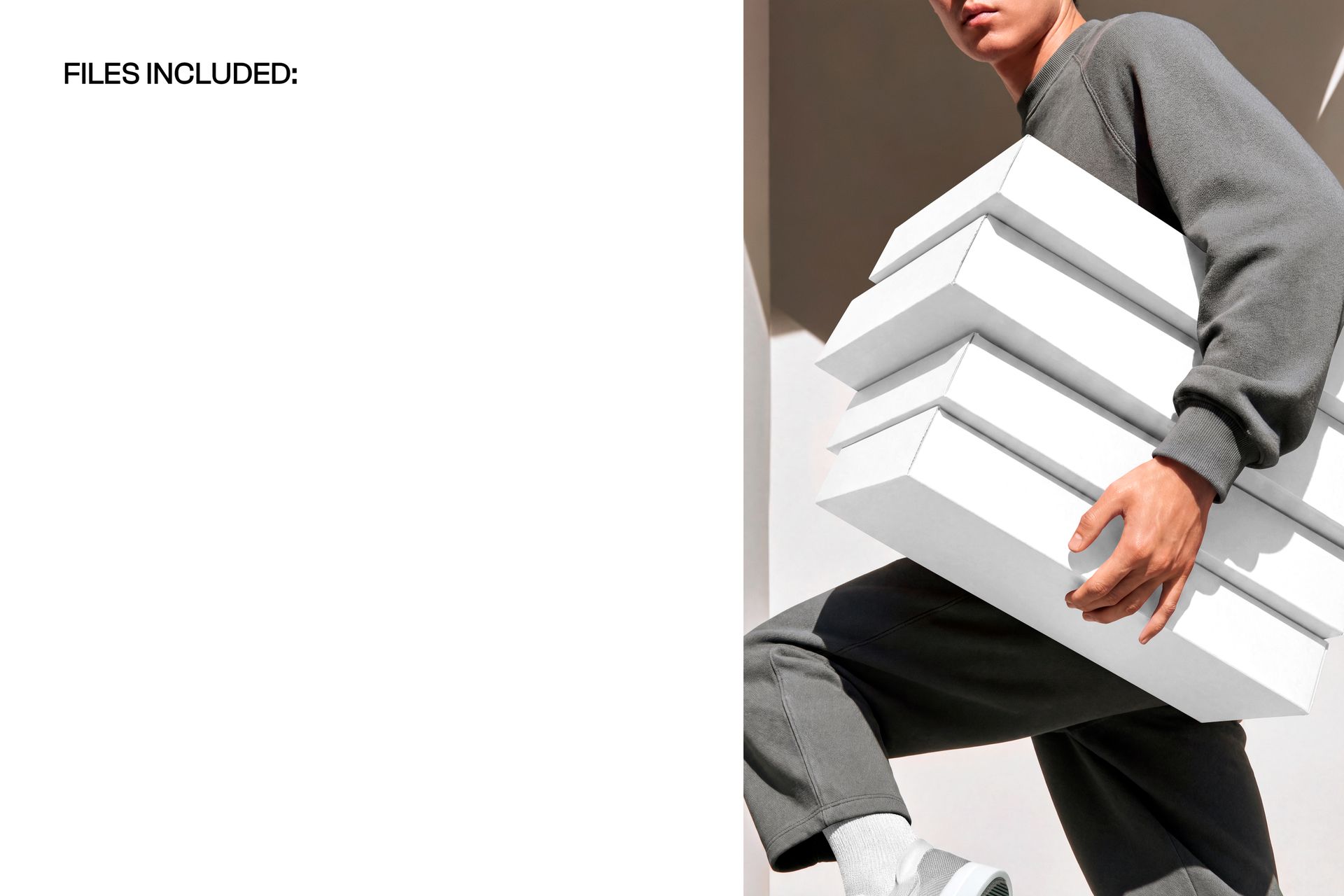 PSD mockup featuring a person with four stacked mailer boxes, neutral background, and minimalistic scene.