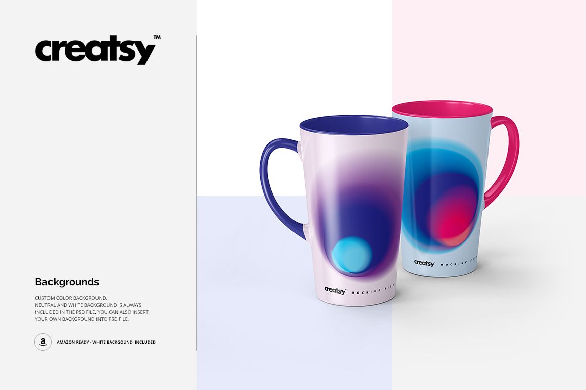 Two tall latte mugs with abstract gradient designs in purple, blue, and pink, displayed on a split pastel background.