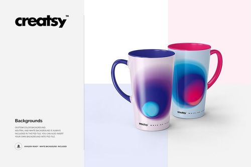 Two tall latte mugs with abstract gradient designs in purple, blue, and pink, displayed on a split pastel background.