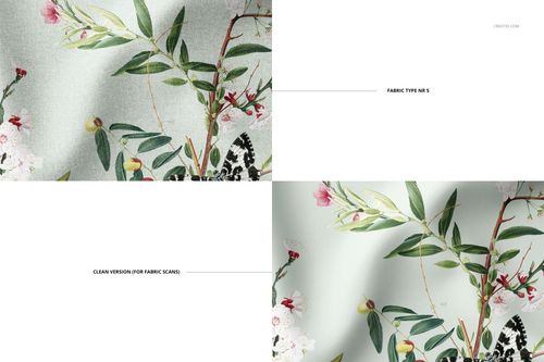 Creased fabric mockup featuring botanical patterns with green leaves and pink flowers, shown from a top view.