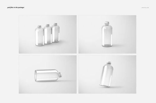 Glass bottle PSD mockup featuring multiple bottles in different perspectives, highlighting shape and reflective surfaces.