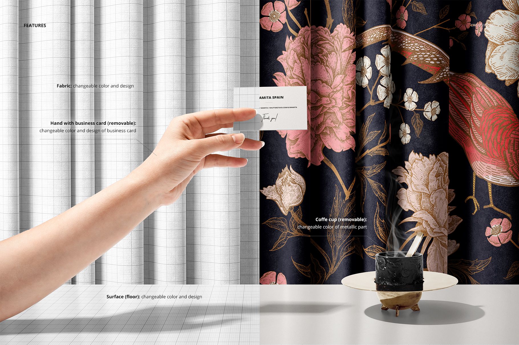 Luxury fabric mockup featuring a hand holding a business card, patterned curtain, and coffee cup on a table.