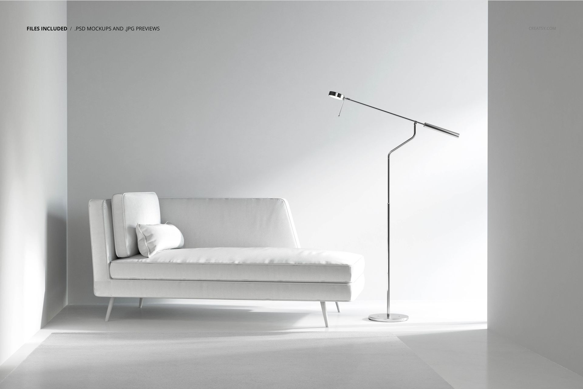 White chaise lounge sofa mockup set in a bright interior scene, paired with a sleek metal floor lamp.