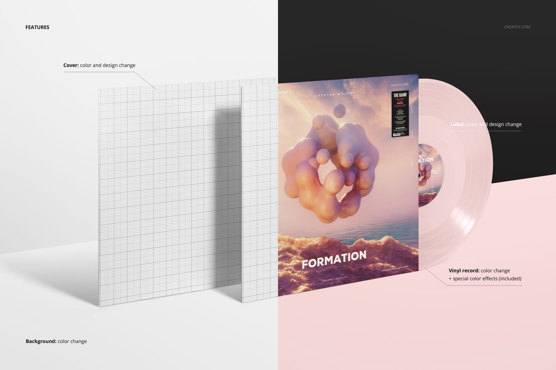 Colored vinyl record mockup featuring a transparent pink record, album cover with abstract art, and grid background.