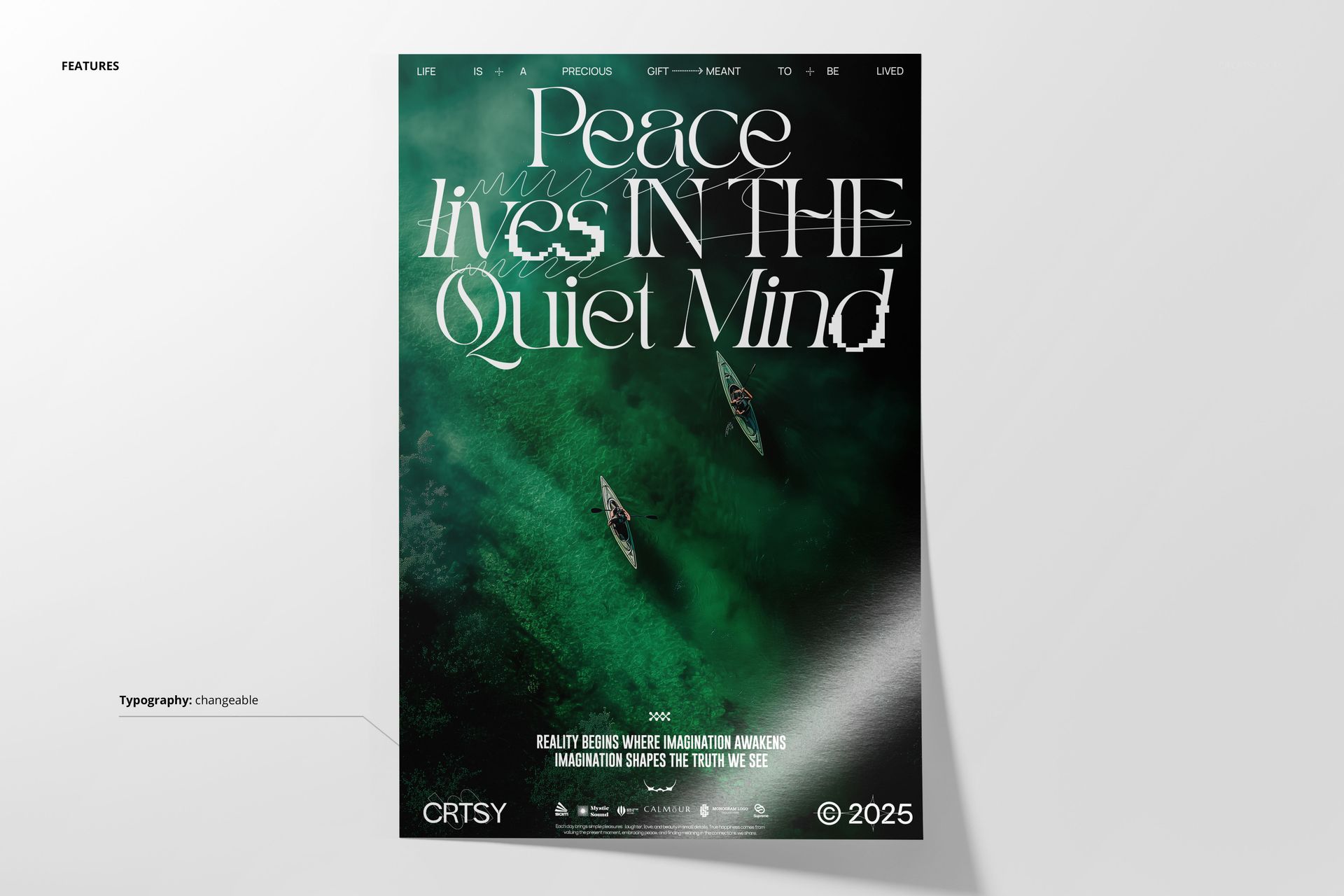 Front view of a poster mockup showing kayakers on a tranquil green river with bold white text and dark background.