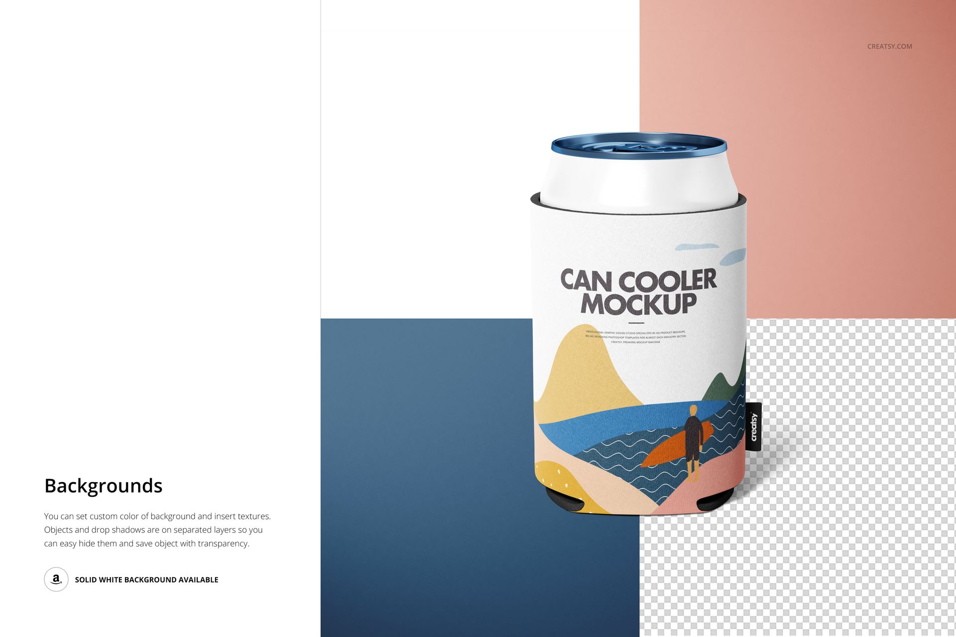 Neoprene can cooler mockup featuring a white can cooler with colorful abstract landscape design, front view.