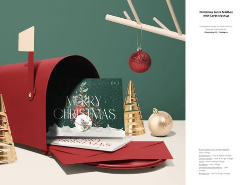 Christmas decor mockup featuring a red mailbox, greeting cards, metallic ornaments, and festive props arranged on a table.