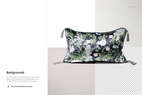 PSD mockup of a rectangular cushion with tassels, floral design in green and white, set against a light and transparent background.