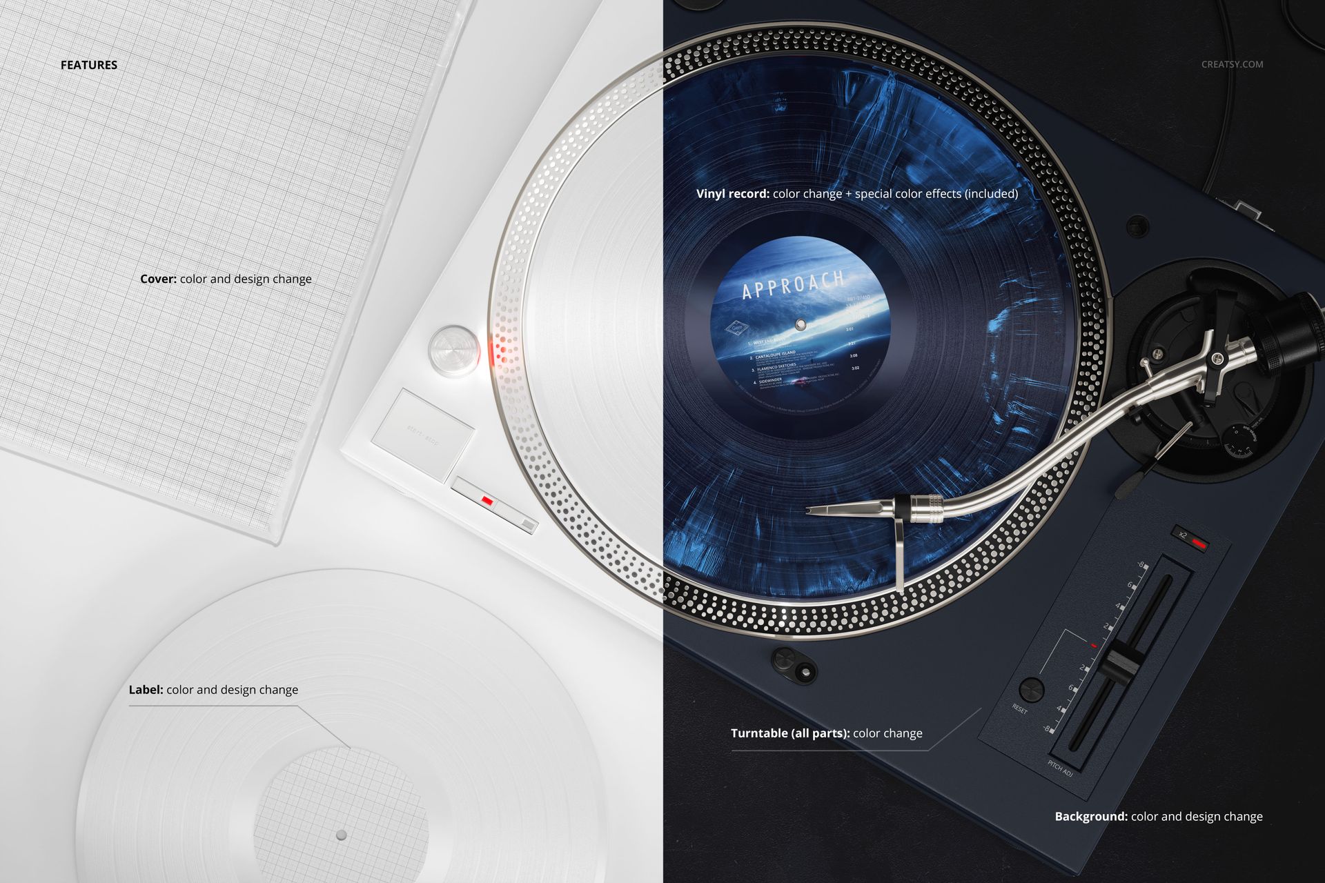 Top view of a DJ vinyl record mockup set showing a turntable with a blue special effects vinyl and customizable cover.