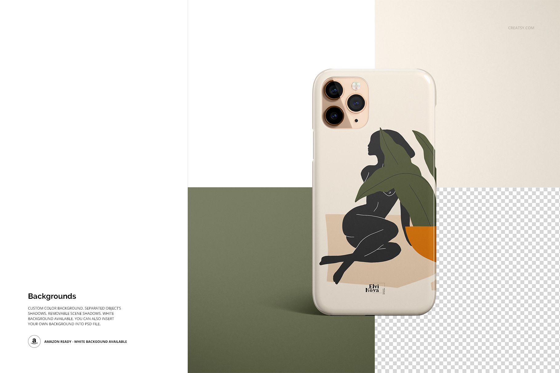 iPhone 11 Pro PSD mockup with a glossy case featuring modern abstract artwork, positioned against color blocks.
