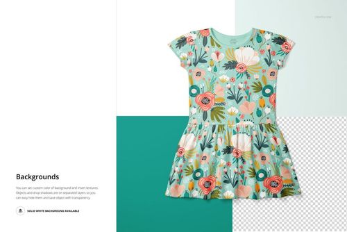Toddler rib dress mockup displayed from the front, featuring a colorful floral pattern on a mint green background.