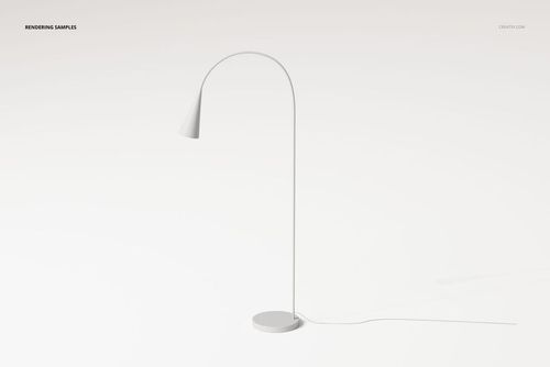 Minimalist mid-century arc floor lamp with a curved metal stand and cone-shaped shade, shown on a white background.