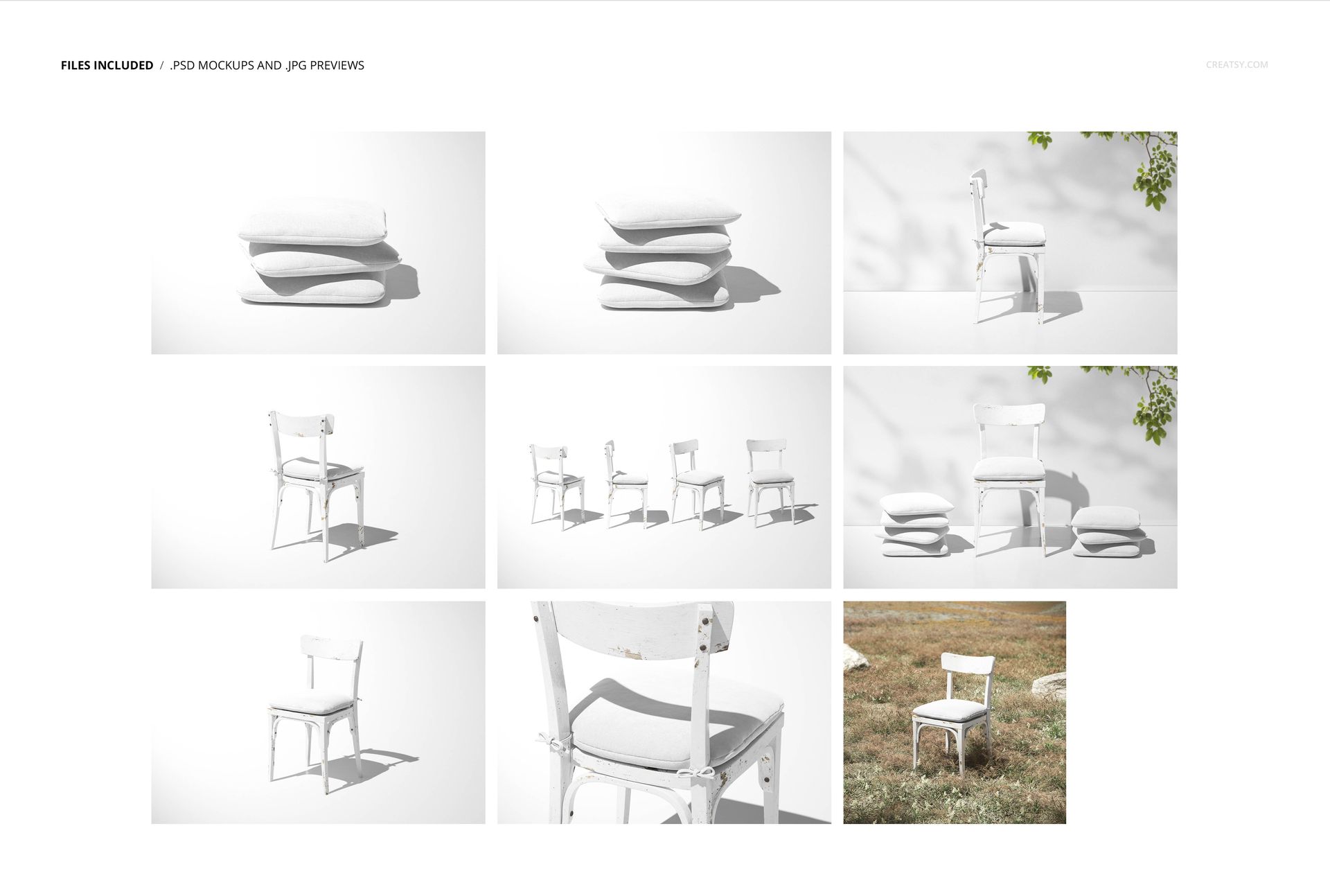 PSD mockup featuring rustic chair cushions and chairs, with close-ups and natural outdoor scene, all in neutral tones.