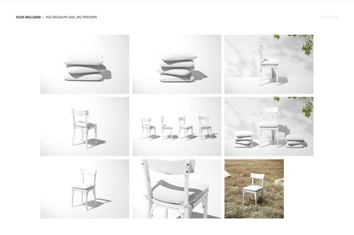 PSD mockup featuring rustic chair cushions and chairs, with close-ups and natural outdoor scene, all in neutral tones.