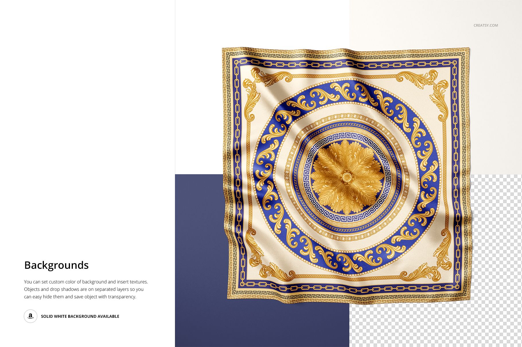 Square satin scarf with ornate gold and blue baroque pattern displayed on a PSD mockup, top view on split background.