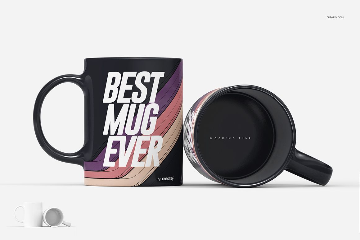 Front and top view of black ceramic mugs with colorful graphic text, presented as a PSD mockup set on a plain background.