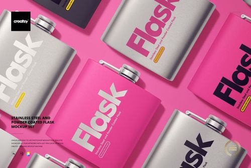 PSD mockup set showing stainless steel and powder coated drinkware flasks in alternating colors, top-down perspective.