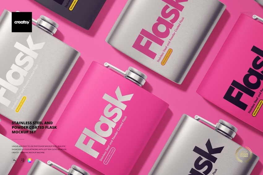 PSD mockup set showing stainless steel and powder coated drinkware flasks in alternating colors, top-down perspective.