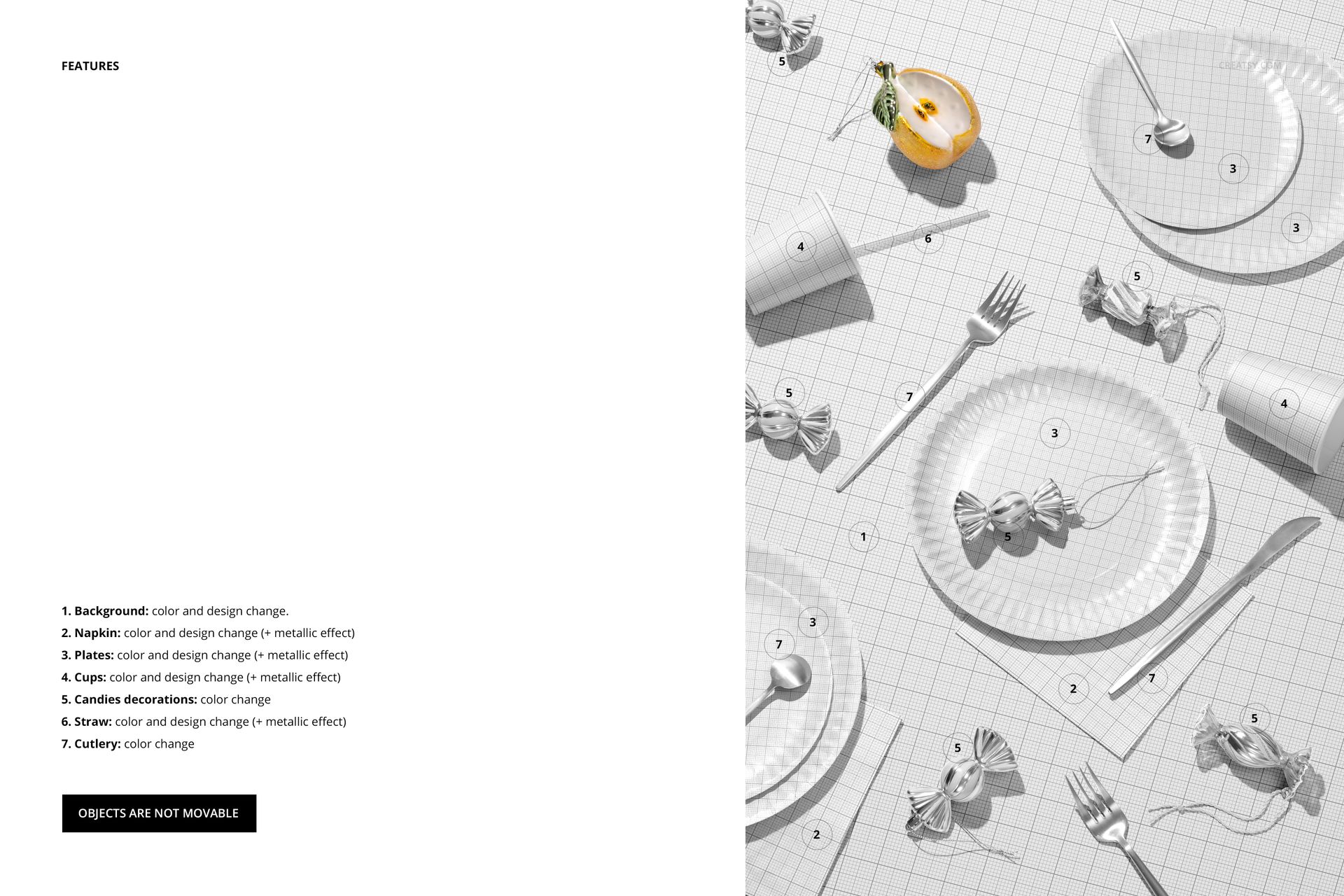 Disposable Christmas tableware mockup featuring paper plates, cups, and cutlery arranged on a grid surface, top view.