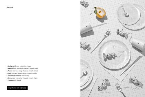 Disposable Christmas tableware mockup featuring paper plates, cups, and cutlery arranged on a grid surface, top view.