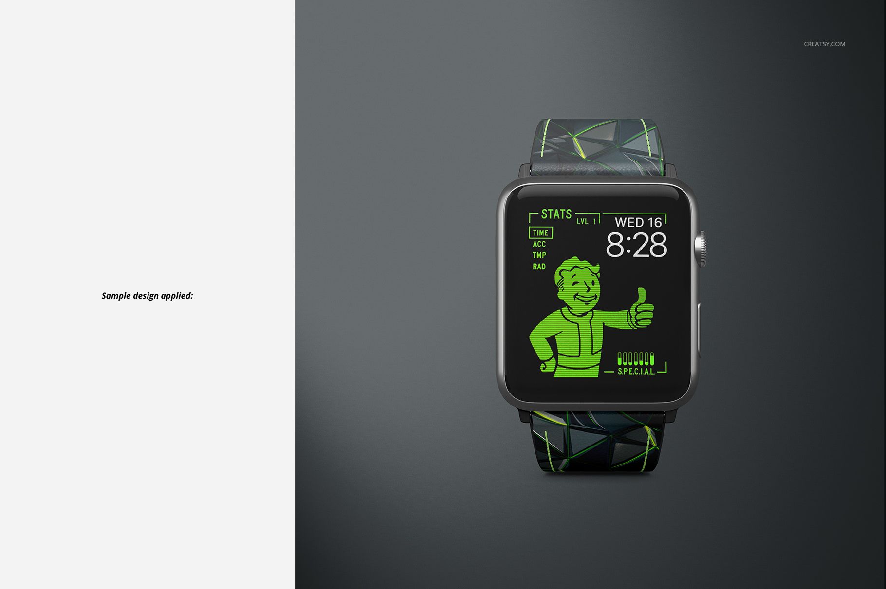 PSD mockup of an Apple Watch with a patterned leather strap and green digital watch face on a gray surface.