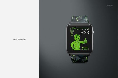 PSD mockup of an Apple Watch with a patterned leather strap and green digital watch face on a gray surface.