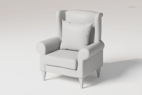 Front view of a wingback chair with a high backrest and curved armrests, rendered in light gray tones on a plain background.