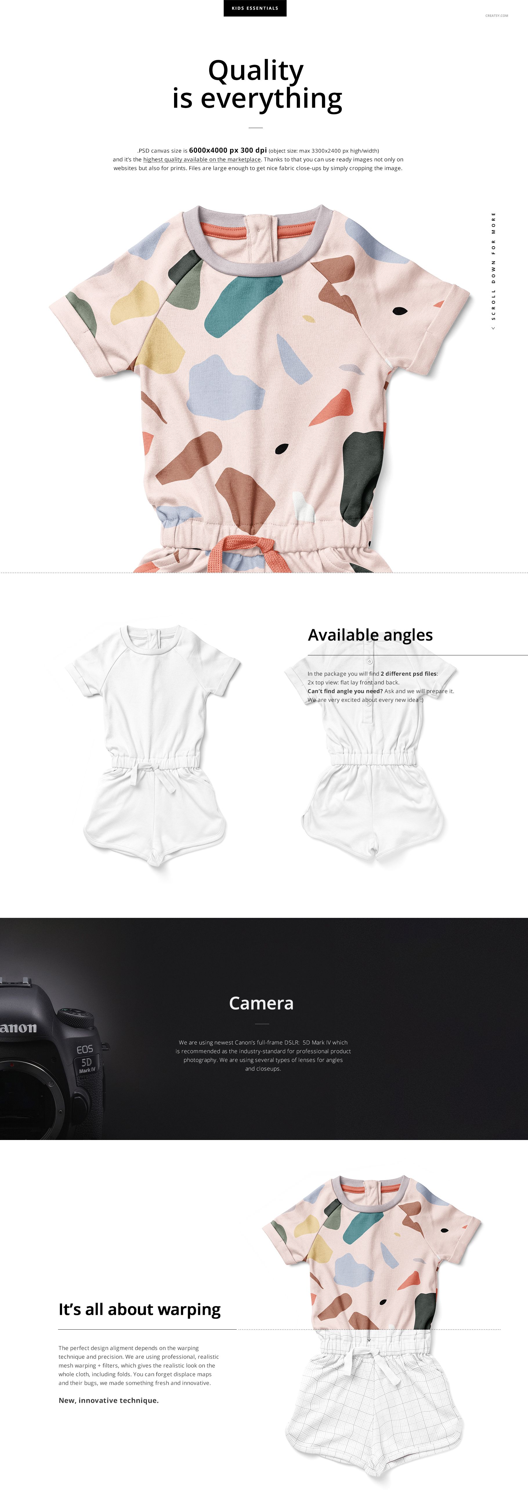 Front view of a girls cotton playsuit mockup featuring short sleeves and abstract pastel patterns on a white background.