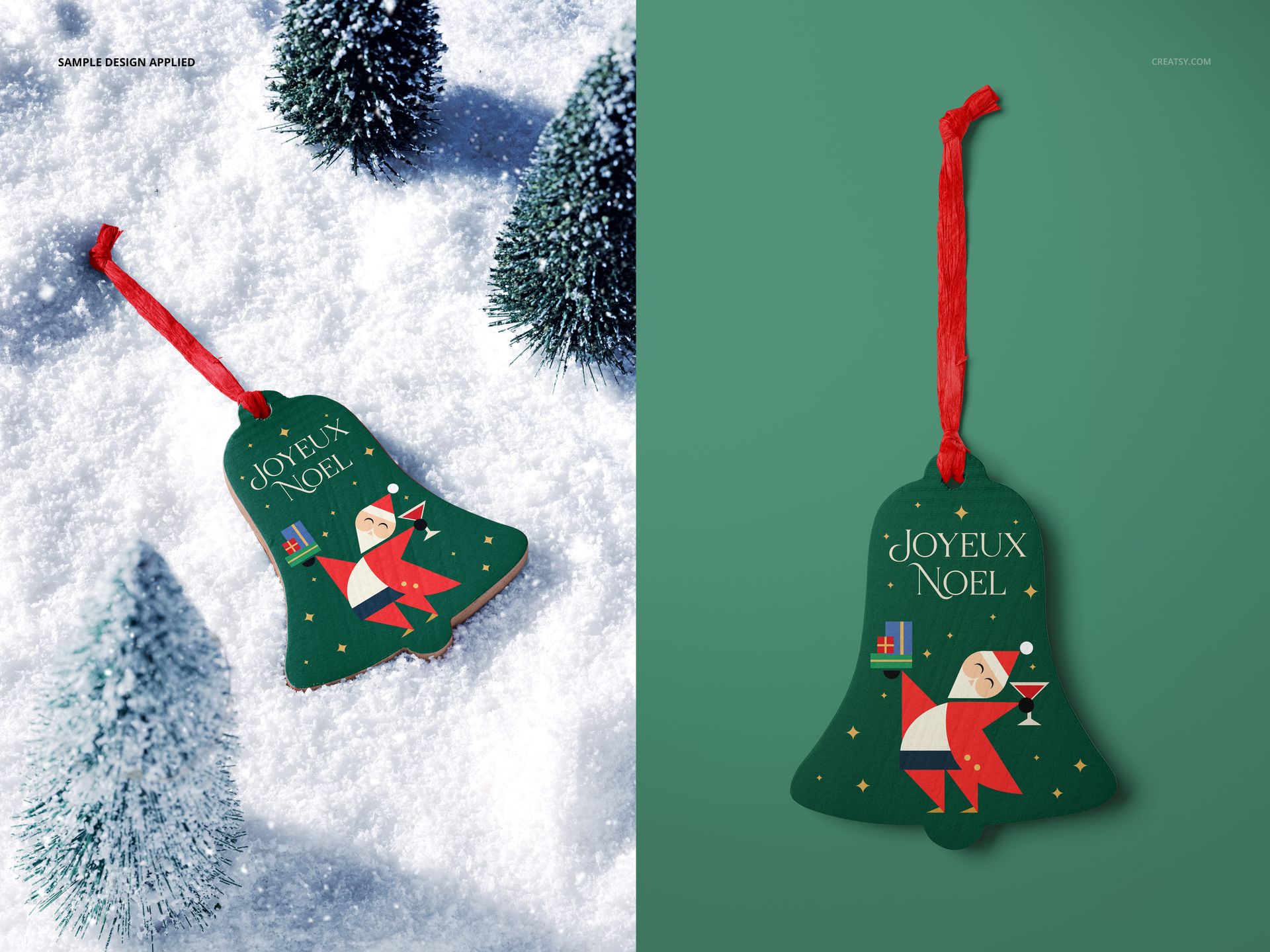 Christmas bell-shaped wooden ornament mockup with festive Santa design, shown on snow and green background.