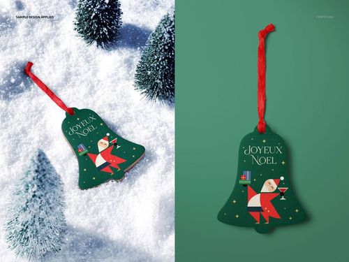 Christmas bell-shaped wooden ornament mockup with festive Santa design, shown on snow and green background.