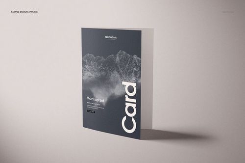 Front view of a folded A4 card mockup with a minimalist mountain pattern and text, set against a neutral background.