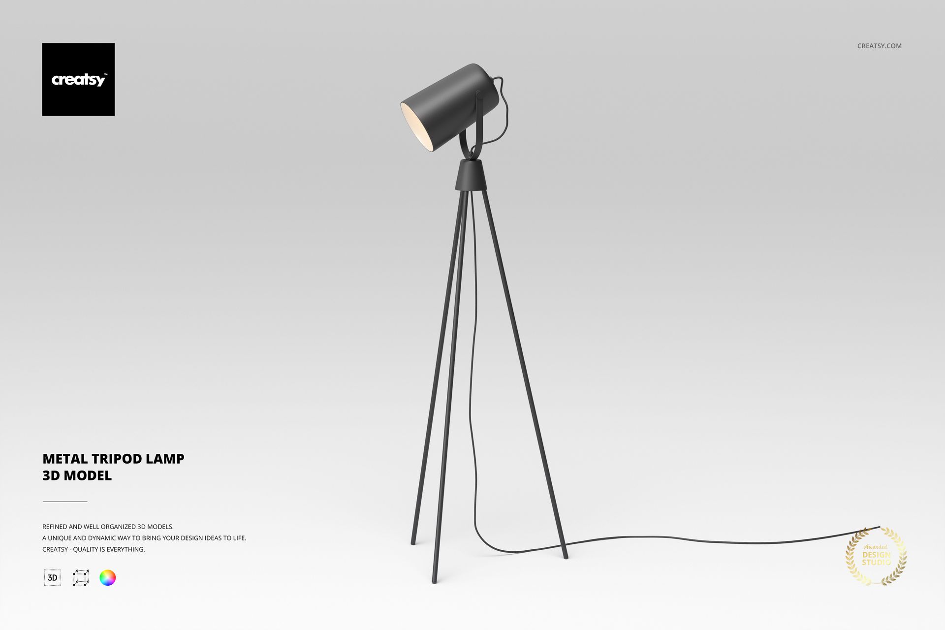 Metal tripod lamp with a cylindrical shade and three slender legs, shown from a front angle on a light gray background.