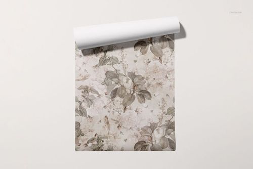 Non-woven vinyl wallpaper mockup featuring a botanical design with soft flowers and leaves, top view on a plain background.