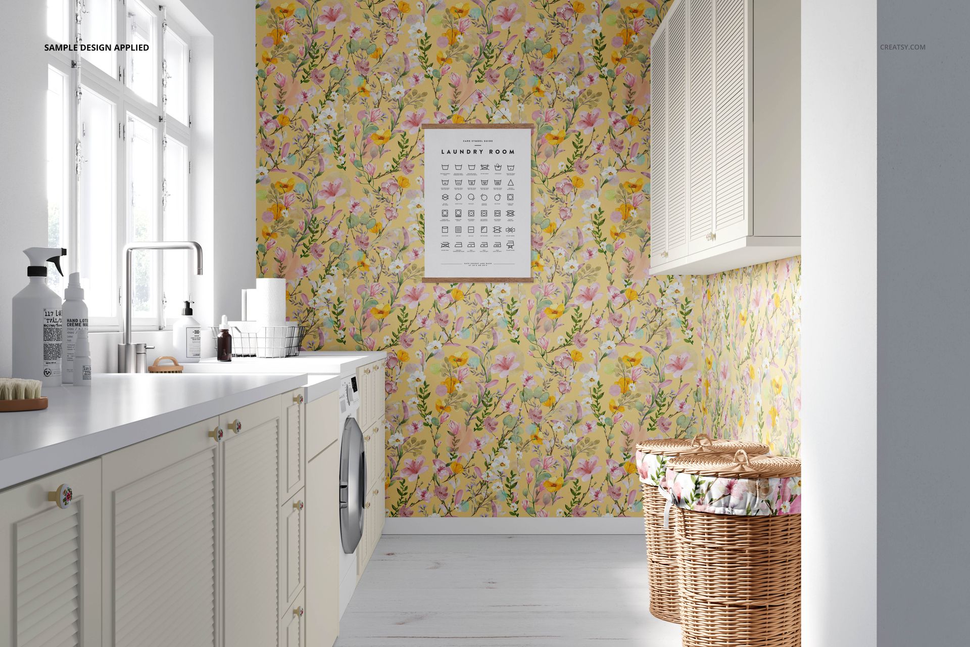 Modern laundry room mockup featuring colorful floral wallpaper, white cabinetry, and woven baskets on a light floor.