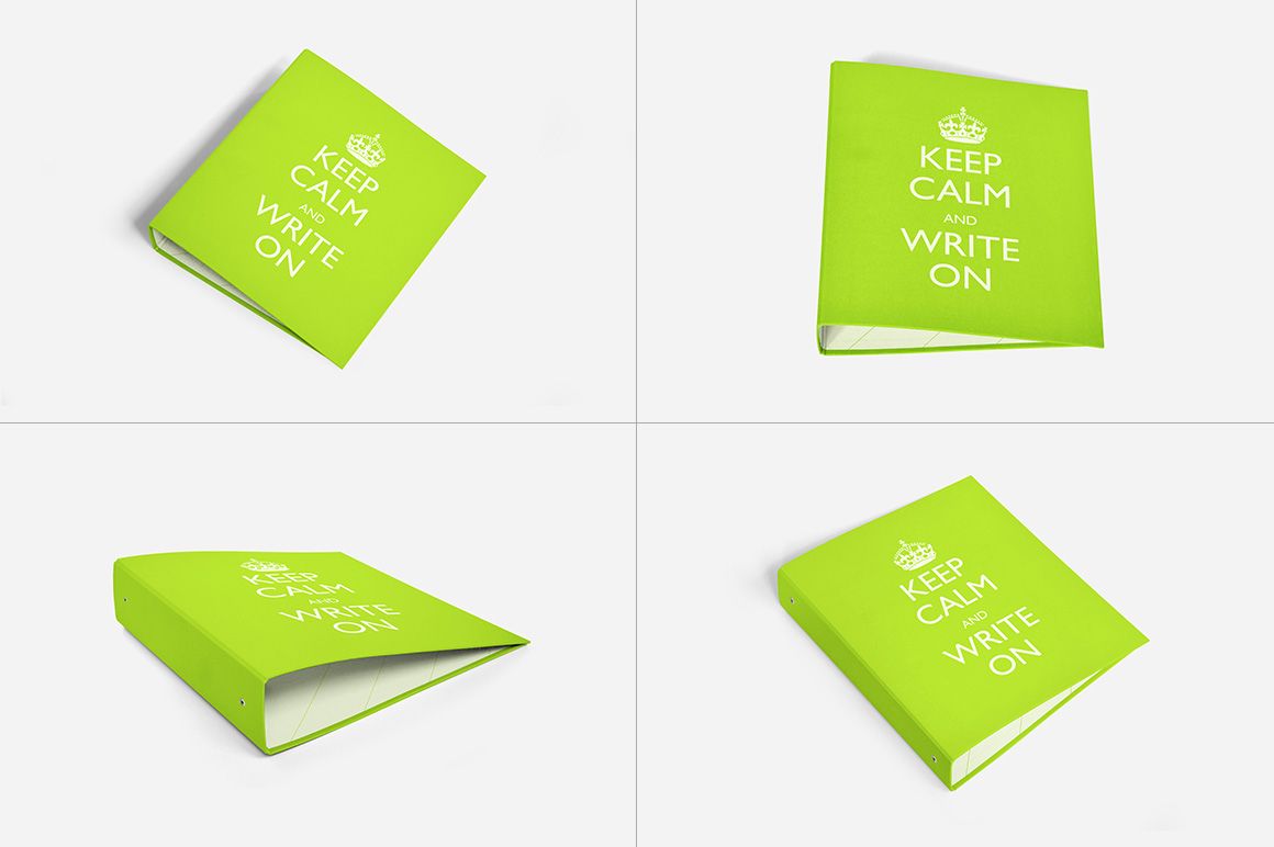 Green binder with white text displayed in four different angles on a plain white background, stationery mockup set.